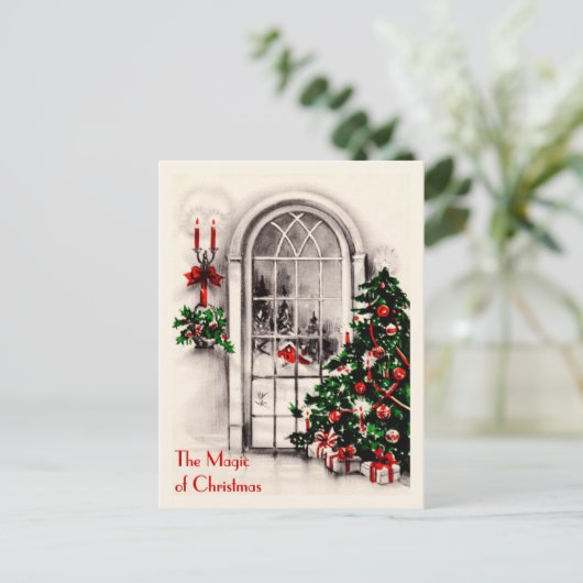 Weihnachtsfenster Vintage Postkarte (Stehend Vorderseite)