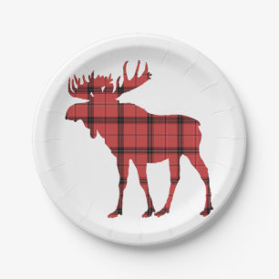 Weihnachtsferien Elch Rot Kariert Tartan Muster Pappteller
