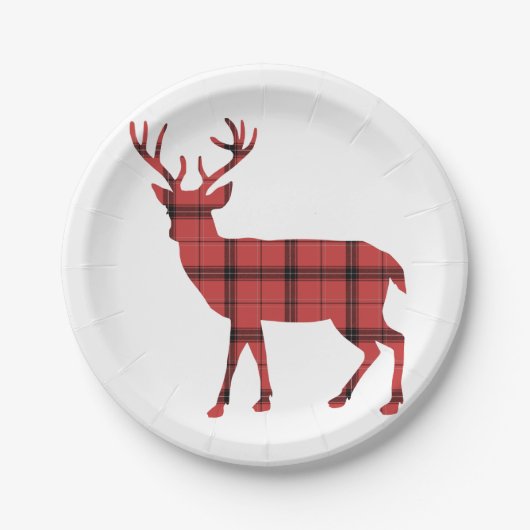 Weihnachtsferien Hirsch Red Kariert Tartan Muster Pappteller (Vorderseite)