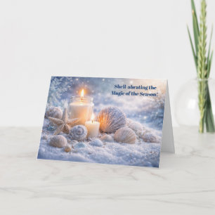 Weihnachtsferien Muscheln im Schnee und Kerze Karte
