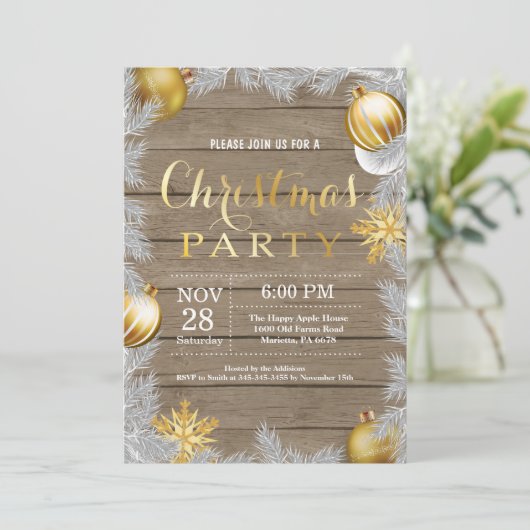 Weihnachtsferien Party Einladung Rustikal und Gold (Stehend Vorderseite)