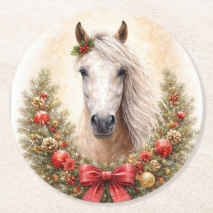Weihnachtsferien Pferd und Kranz Runder Pappuntersetzer