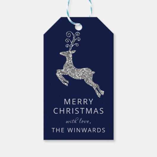 Weihnachtsfest Blau & Silberner Glitzer Rentier Geschenkanhänger (Vorderseite)