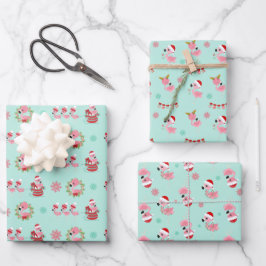 Weihnachtsfest Flamingo Muster auf Grün Geschenkpapier Set
