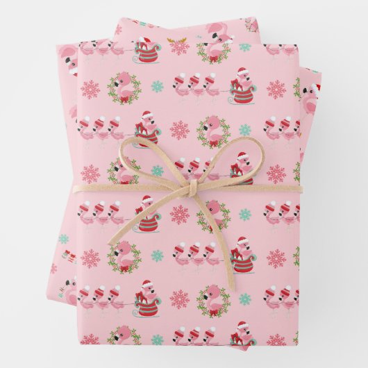 Weihnachtsfest Flamingo Muster auf Rosa Geschenkpapier Set (Beispiel)