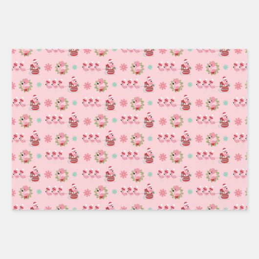 Weihnachtsfest Flamingo Muster auf Rosa Geschenkpapier Set (Vorderseite)