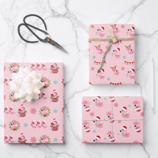 Weihnachtsfest Flamingo Muster auf Rosa Geschenkpapier Set (Vorderseite)