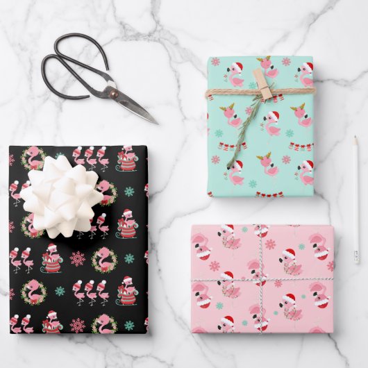 Weihnachtsfest Flamingo Muster Geschenkpapier Set (Vorderseite)