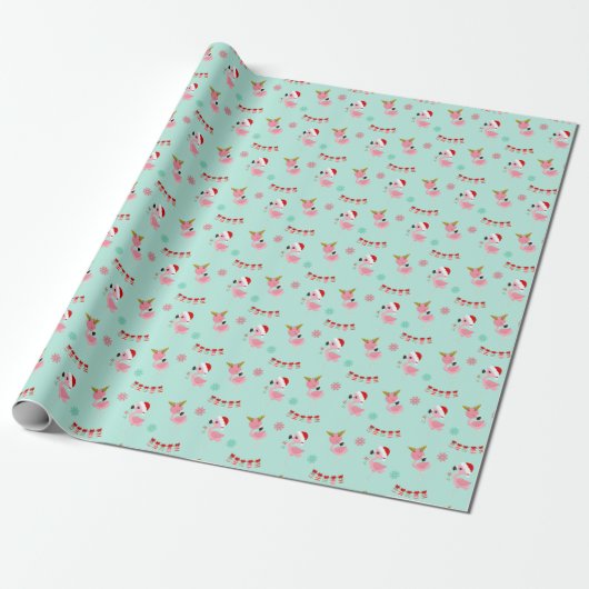 Weihnachtsfest Flamingos auf Grün Geschenkpapier (Ungerollt)