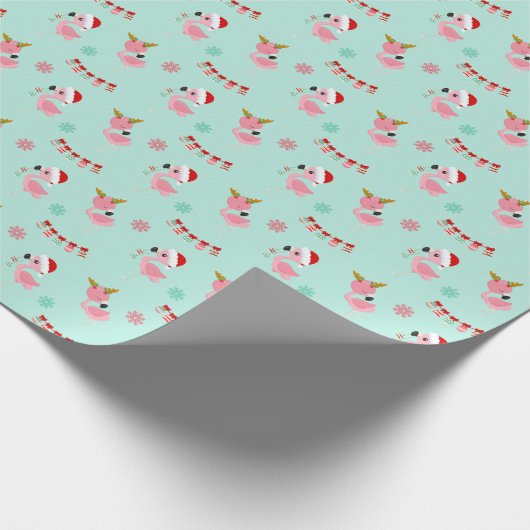 Weihnachtsfest Flamingos auf Grün Geschenkpapier (Ecke)