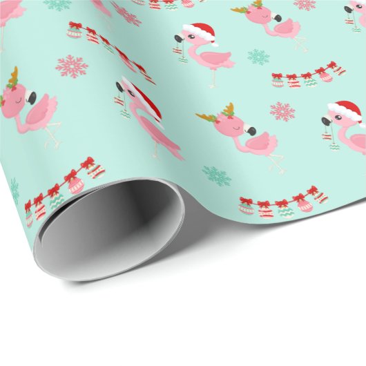 Weihnachtsfest Flamingos auf Grün Geschenkpapier (Rolleneckpunkt)