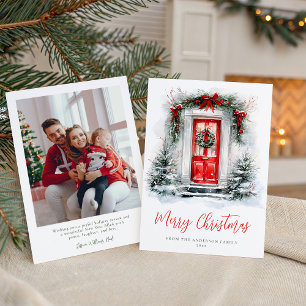 Weihnachtsfest Gemütliche Rote Tür Familienfoto Feiertagskarte