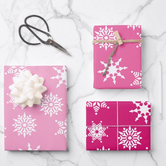 Weihnachtsfest Girly Pink Snowflakes Stars Geschenkpapier Set (Vorderseite)