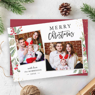 Weihnachtsfest Grün und Berries 2 Foto Feiertagskarte