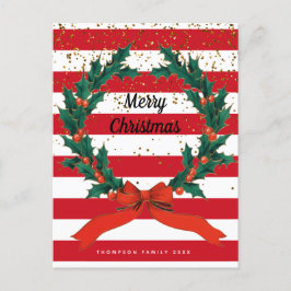 Weihnachtsfest Holly Berries Wreath Stripes Feiertagspostkarte