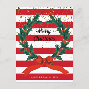 Weihnachtsfest Holly Berries Wreath Stripes Feiertagspostkarte