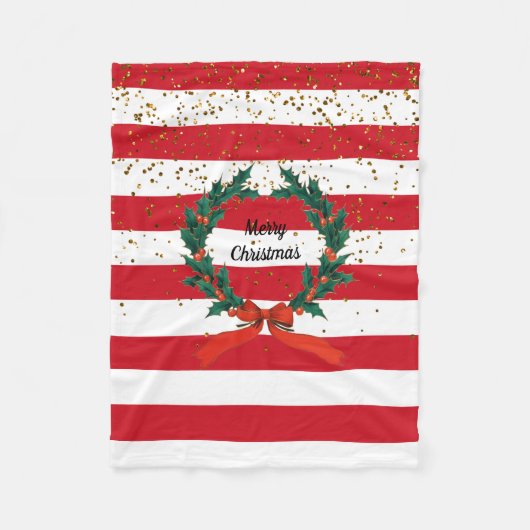Weihnachtsfest Holly Berries Wreath Stripes Fleecedecke (Vorderseite)