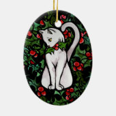 Weihnachtsfest Holly White Cat Keramik Ornament (Hinten)