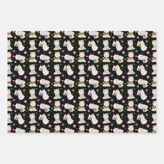 Weihnachtsfest Llamas auf Schwarz Geschenkpapier Set (Vorderseite)