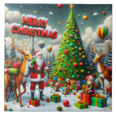 Weihnachtsfest mit Weihnachtsmann und Rentiere Fliese (Vorderseite)