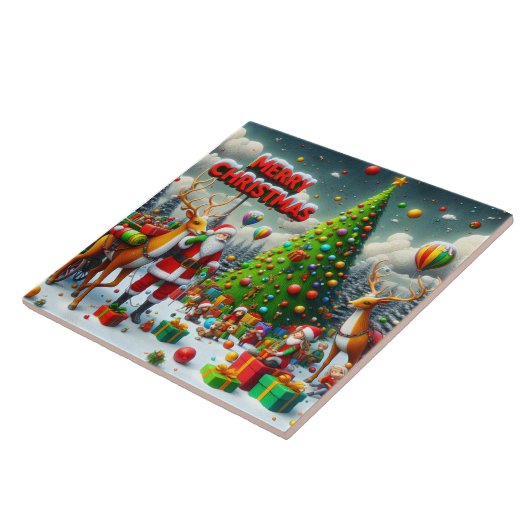 Weihnachtsfest mit Weihnachtsmann und Rentiere Fliese (Seite)