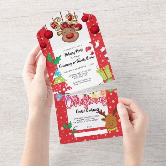 Weihnachtsfest-Rentierfest All In One Einladung (Abreißen)
