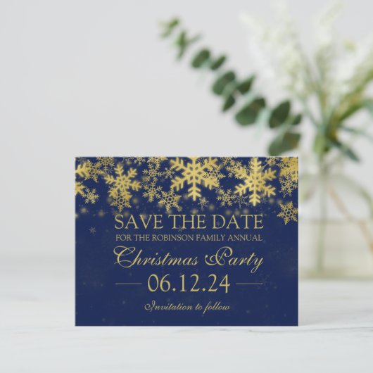 Weihnachtsfest Save the Date Gold Navy Blauer Wint Ankündigungspostkarte (Stehend Vorderseite)