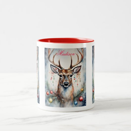 Weihnachtsfest Süße Hirsche Individuelle Name Zweifarbige Tasse (Mittel)