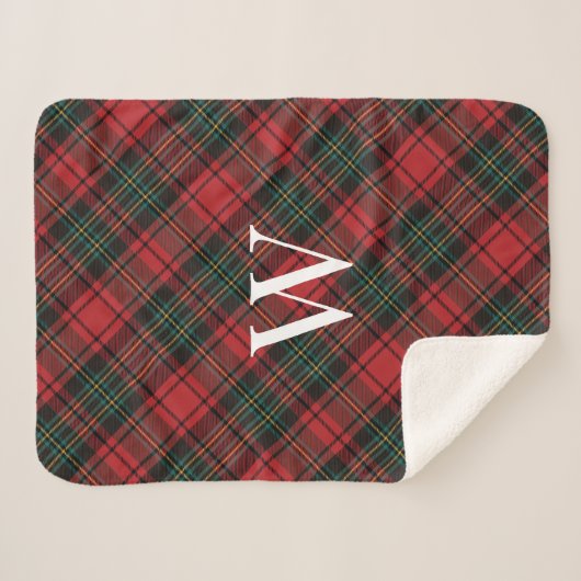 Weihnachtsfest Tartan Kariert + Monogram Sherpadecke (Vorderseite (Horizontal))