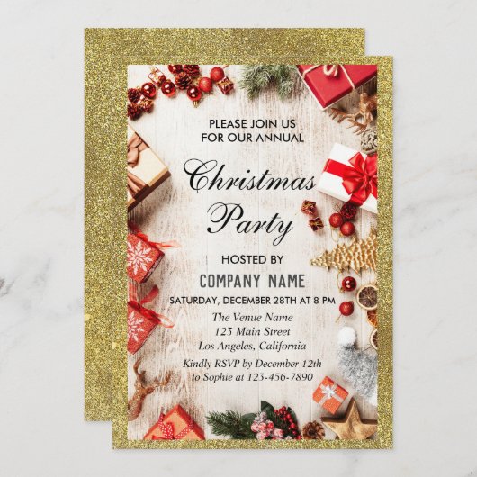 Weihnachtsfest Weihnachten Party White Gold Glitze Einladung (Vorne/Hinten)