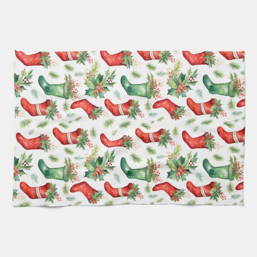Weihnachtsfeste Strümpfe in Grün und Rot Geschirrtuch (Horizontal)