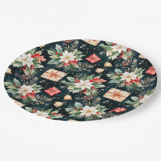 Weihnachtsfestspiele Poinsettia Blume Pappteller (Schrägansicht)