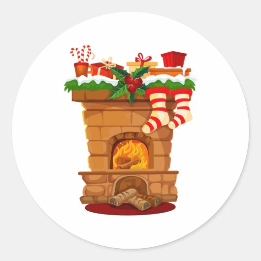 Weihnachtsfeuer mit Dekorationen und Strümpfen Runder Aufkleber (Vorderseite)