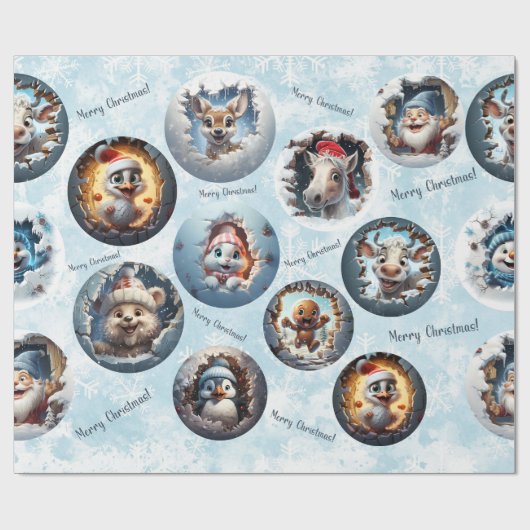 Weihnachtsfiguren 3D Snow Globes Wrapping Paper Geschenkpapier (Flach)