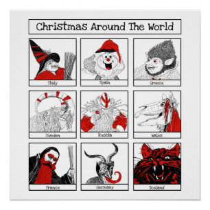 Weihnachtsfiguren rund um die Welt Illustration Poster