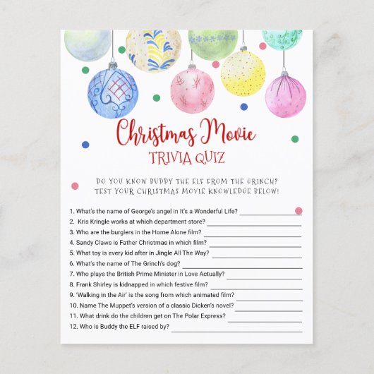 Weihnachtsfilm TRIVIA QUIZ Game Card Flyer (Vorne)