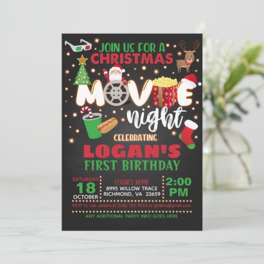 Weihnachtsfilm zum Geburtstag Einladung (Stehend Vorderseite)