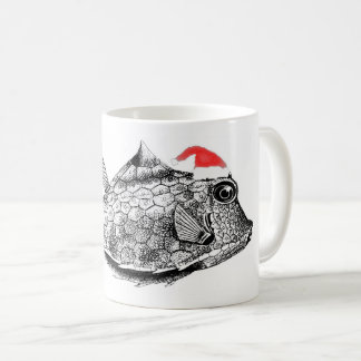 Weihnachtsfisch (Puffsfisch) mit Weihnachtsmannmüt Kaffeetasse