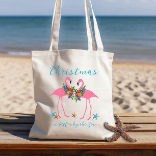 Weihnachtsflamingos am Meer sagen Tragetasche
