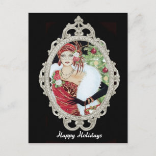 Weihnachtsflapper Girl Dazzling Red & Gold Dress Postkarte