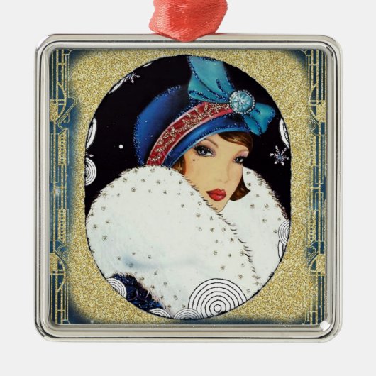 Weihnachtsflapper Girl Large White Fur Coat Ornament Aus Metall (Vorne)