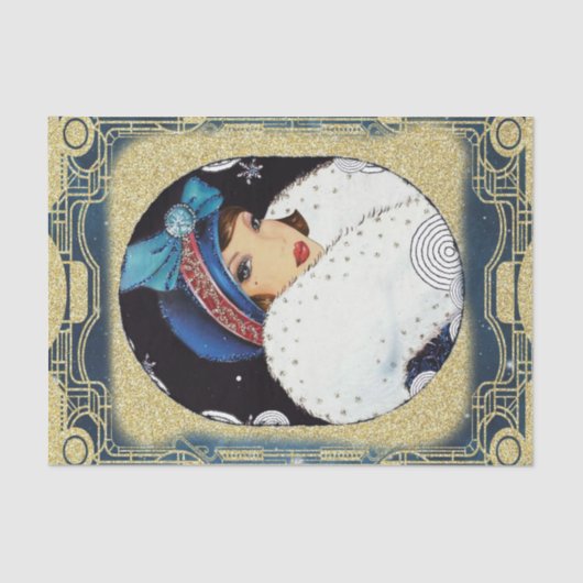 Weihnachtsflapper Girl Large White Fur Coat Seidenpapier (Vorderseite)