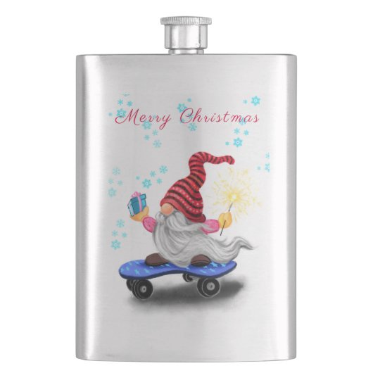 Weihnachtsflasengeschenk Skater Gnome mit Geschenk Flachmann (Vorderseite)