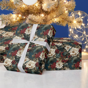 Weihnachtsflora mit Weißen Blume & Grünpflanzen Geschenkpapier