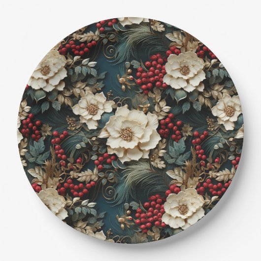 Weihnachtsflora mit Weißen Blume & Grünpflanzen Pappteller (Vorderseite)