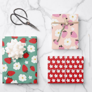 Weihnachtsflorales Erdbeer-Traum Geschenkpapier Set