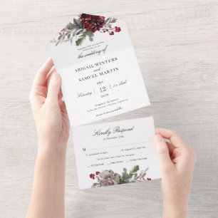 Weihnachtsflorales Grün Wasserfarben Hochzeit All In One Einladung