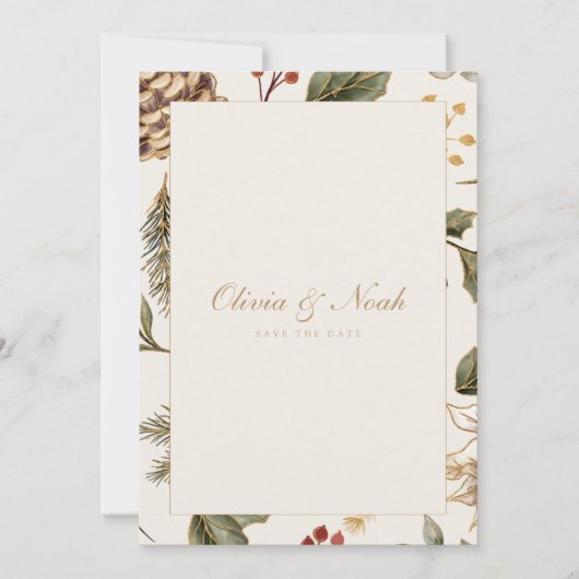 Weihnachtsfolien Pinecone Save the Date Karte (Vorderseite)