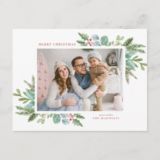 Weihnachtsfolien und Holly-Frame-Foto Feiertagspostkarte (Vorderseite)