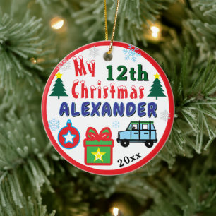 Weihnachtsfoto Blaues Auto Junge Alter Name Keramik Ornament